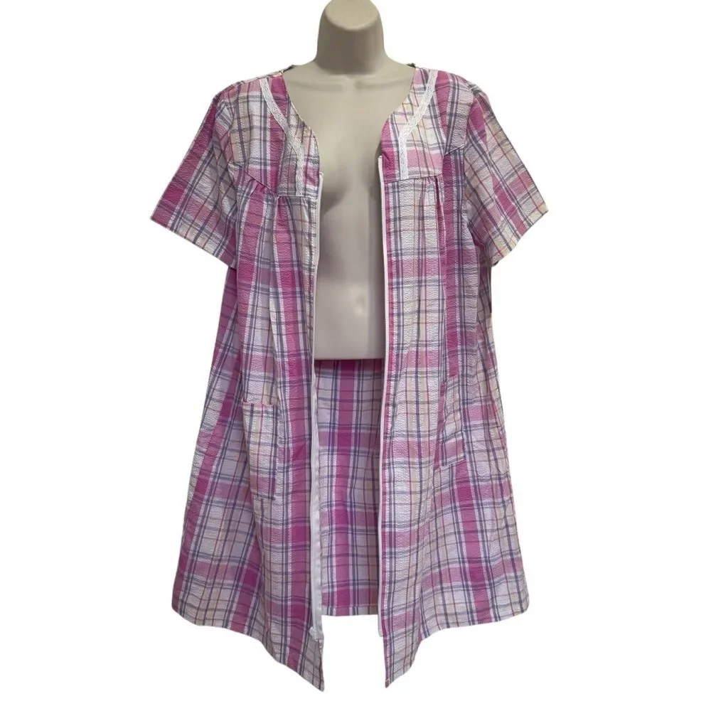 NWT Croft & Barrow Pink Purple Plaid Seersucker Zip-Up Housecoat Robe Sz XL NEW